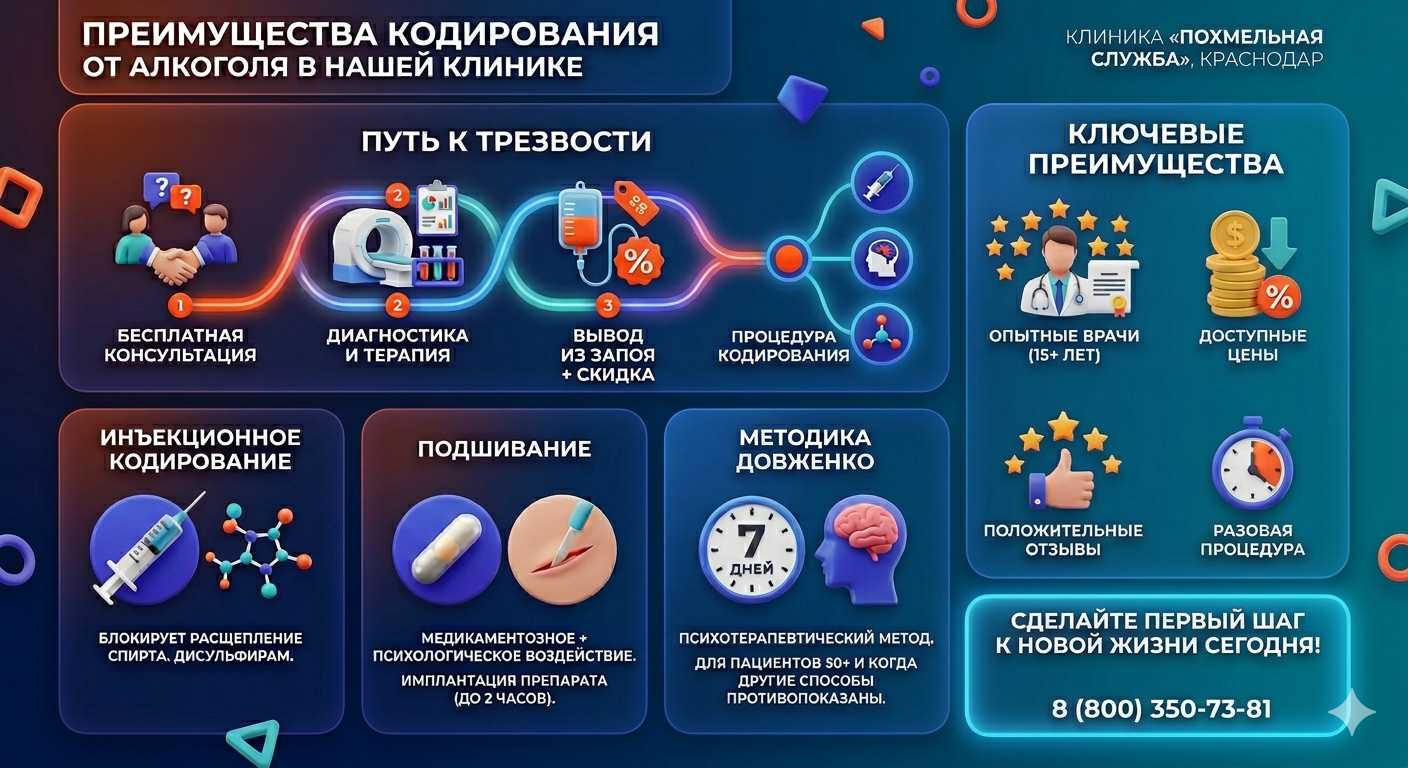 Инфографика о методах кодирования от алкоголя в Мурманске: инъекции, подшивание, метод Довженко. Преимущества клиники и этапы лечения.